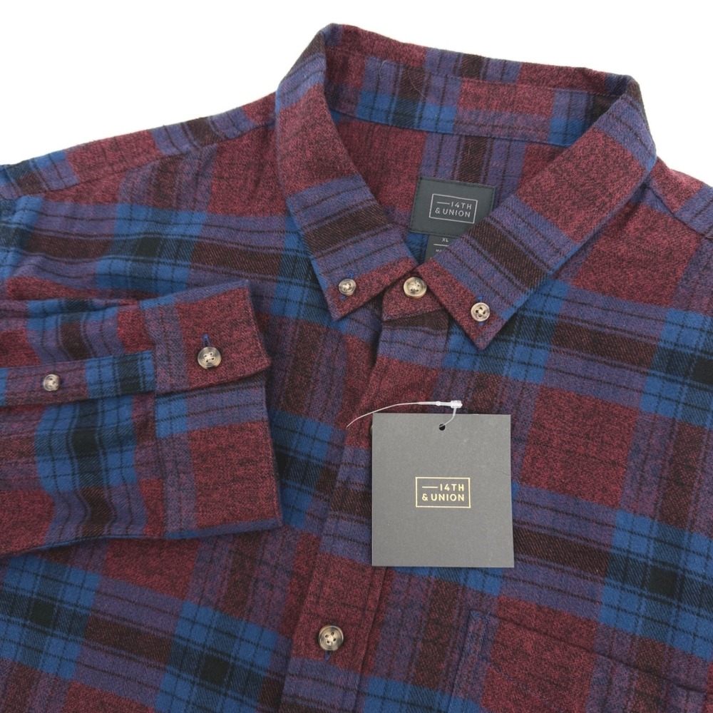 14th & Union Flannel Shirt Mens XL Red Blue Plaid Long Sleeve Soft Cotton NEW